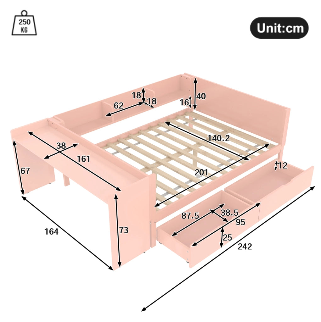 Letto matrimoniale 140x200 cm rosa in legno con scrivania e 2 cassetti