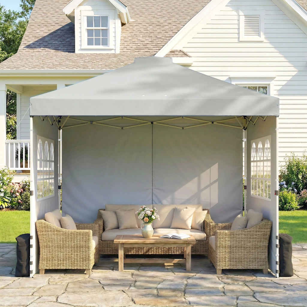 Gazebo circa 3x3 m Altezza impermeabile regolabile Gazebo a scomparsa con 3 pareti laterali Ventilazione delle finestre; UV 50+ Grigio chiaro