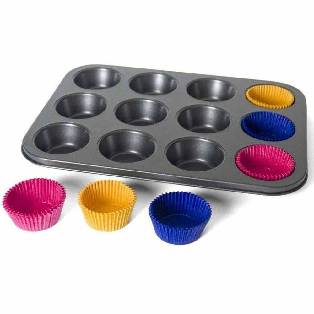Trade Shop - Stampo Teglia Per 12 Muffin Cupcake In Acciaio Antiadere Con Pirottini Colorati -