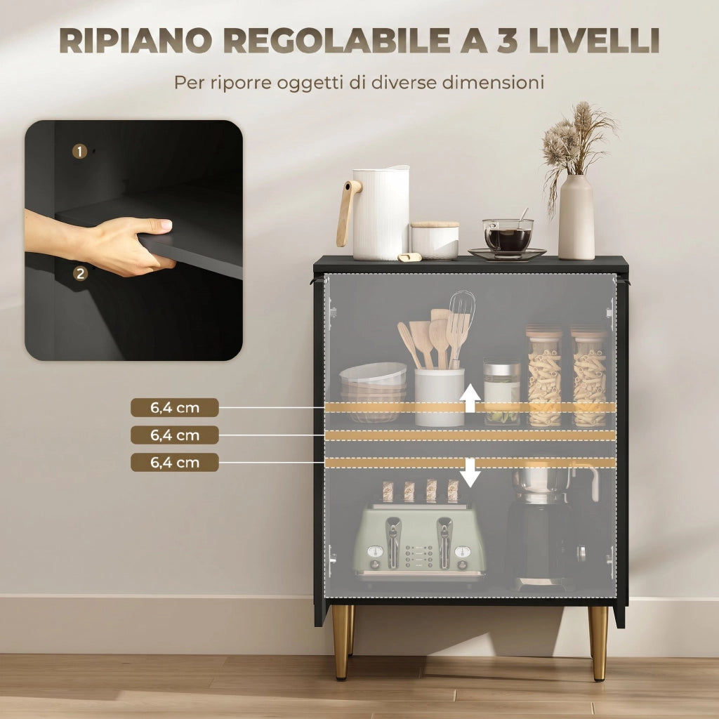 Credenza Moderna 60x40x80 cm con 2 Ante e Ripiano Regolabile con Gambe in Metallo in MDF Nero