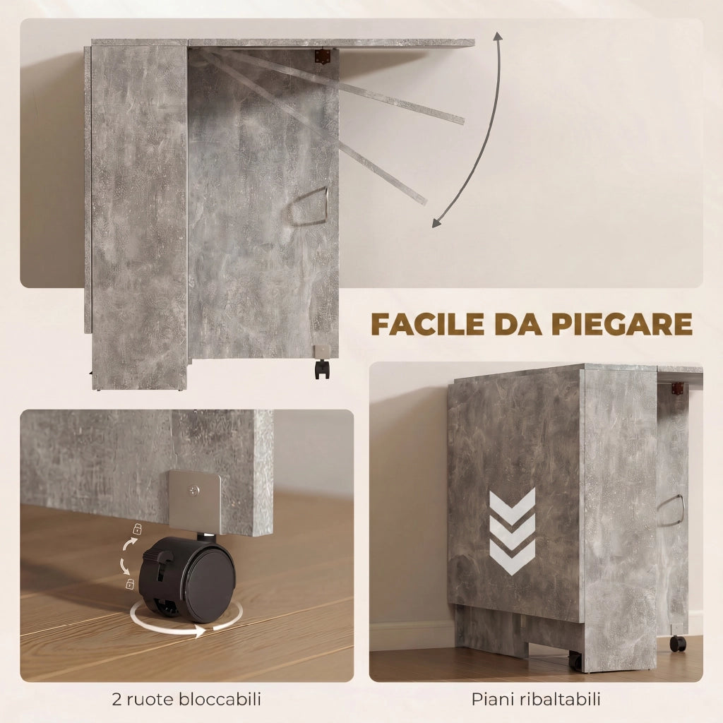 Tavolo Pieghevole in Legno per 4-6 Persone con Ruote. 75x140x74cm. Grigio