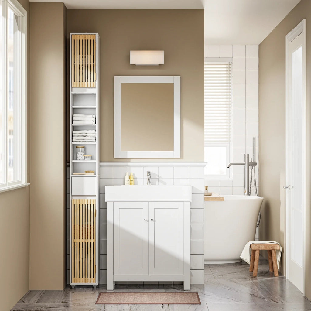 SoBuy BZR34-BW Mobile Bagno Salvaspazio Colonna Armadietto Alto con 6 Ripiani Regolabili, Mobiletto da Bagno con Ante in Bambù, Mobiletto Stretto per Piccoli Spazi, Bianco, 20x20x180cm