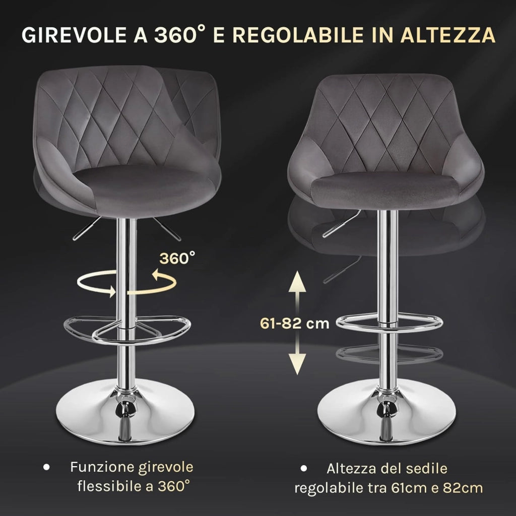 Sgabello cucina, Sgabello da Bar Girevole Regolabile in Altezza, con Schienale Poggiapiedi, in Velluto, Grigio scuro, BH138dgr-1