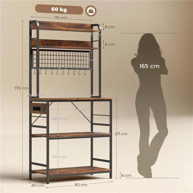 SCAFFALE DA CUCINA CON STAZIONE DI RICARICA, 5 RIPIANI E 10 GANCI A S, IN LEGNO E ACCIAIO, 80X40X170 CM, MARRONE
