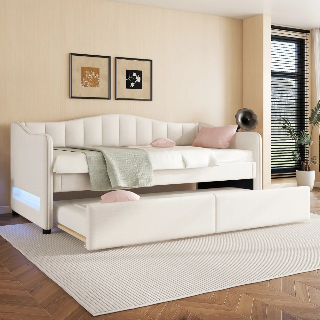 OKWISH Letto a Scomparsa 90×200 cm, Letto Singolo con Letto Estraibile, LED Regolabile e Luce d’Atmosfera, senza Materasso, Lino, Beige