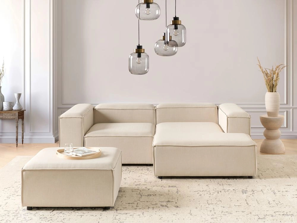 Divano modulare moderno angolare a 3 posti lato sinistro con ottomana in poliestere Beige Gambe nere Soggiorno moderno