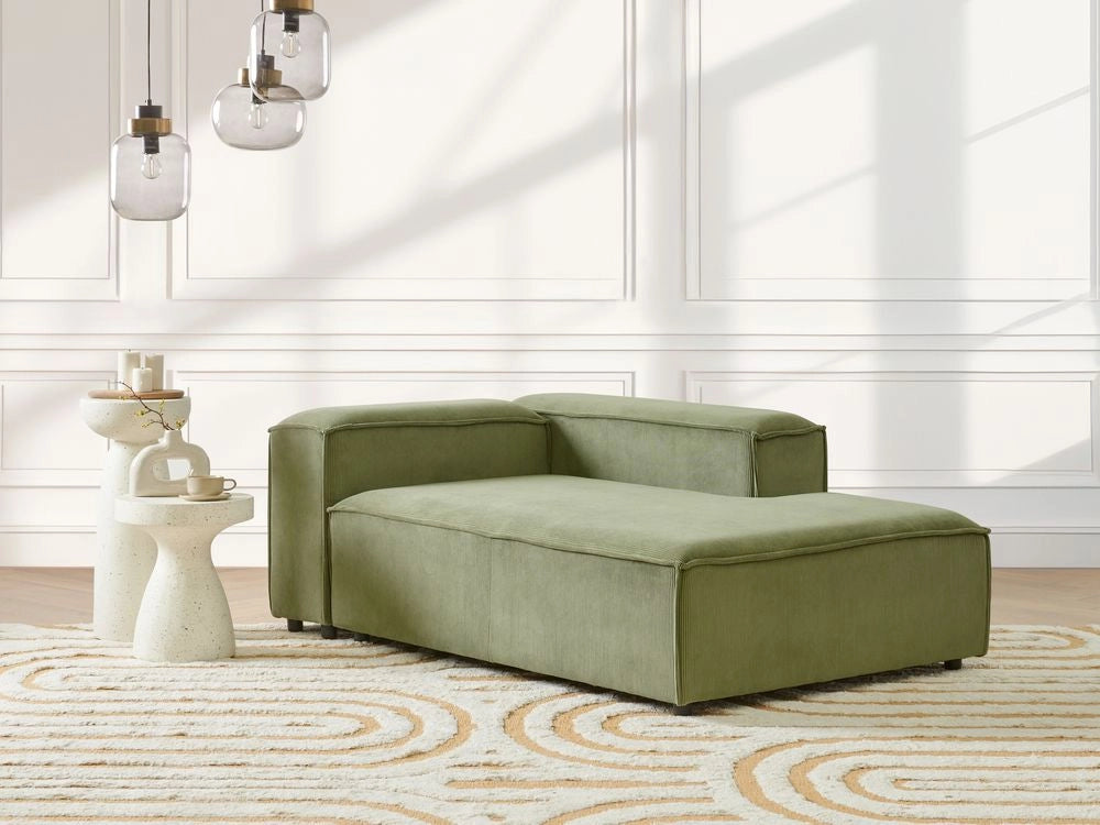 Chaise longue in velluto a coste poliestere verde lato sinistro gambe nere imbottite Soggiorno moderno