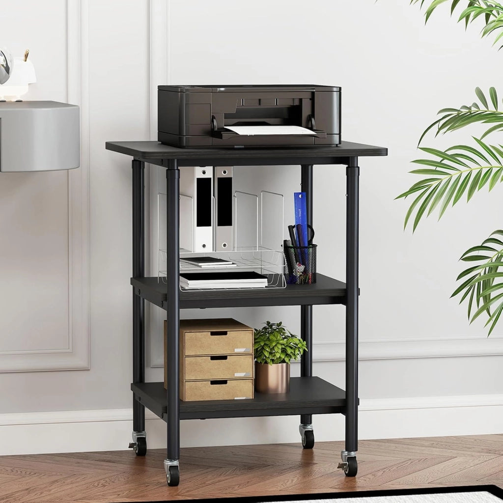 Supporto per Stampante a 3 Livelli, Tavolino Porta Stampante con Ruote Bloccabili e Altezza Regolabile, per Stampante 3D, Scanner, Fax, per Studio e Ufficio, 49 x 40 x 65/77 cm (Nero)