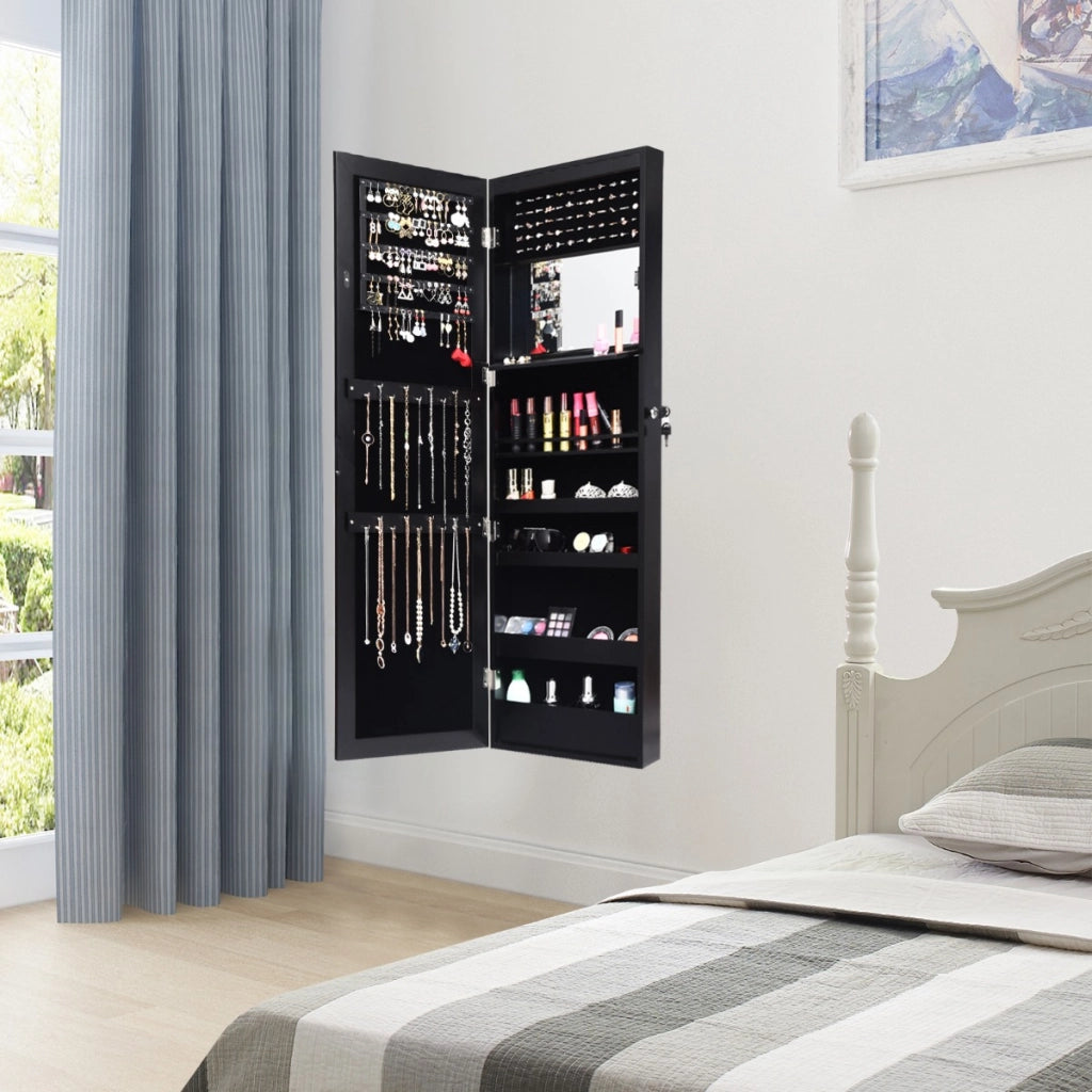Armadio per gioielli con specchio LED 119cm di altezza, Armadio per gioielli montabile a parete o porta Nero-Armadietti per gioielli