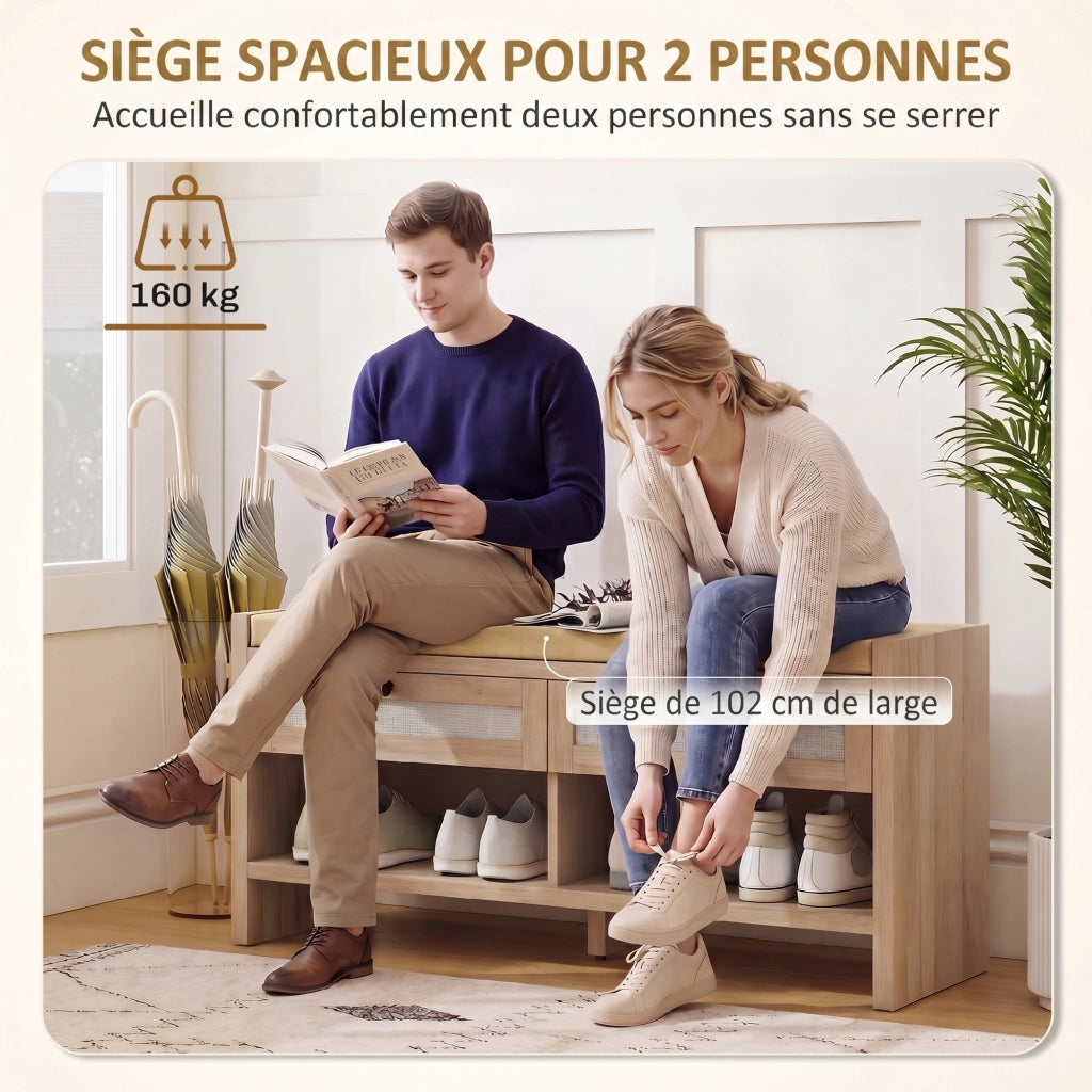 Panca con scarpiere ¨C zephmum ¨C 2 cassetti in rattan, ripiano aperto, imbottita in lino, quercia