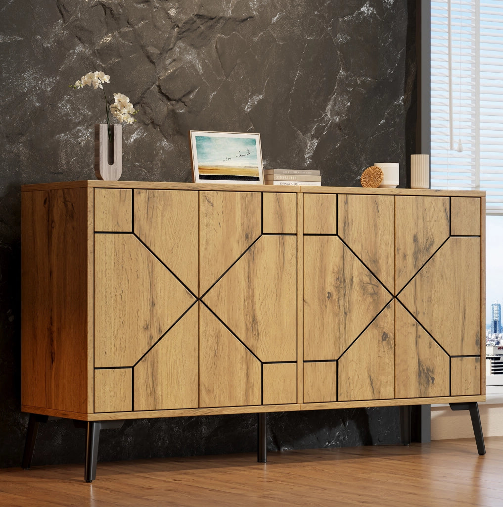 Sideboard moderno in MDF effetto rovere con 4 ante, 120×35×69 cm