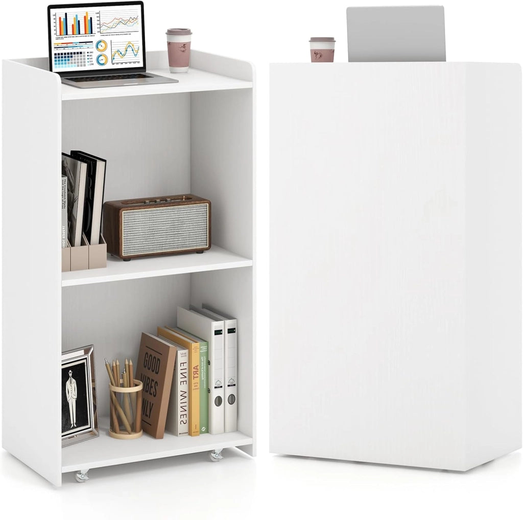 COSTWAY Podio per Conferenza, Leggio in Legno Massello con 2 Ripiani e Ruote Universali e Bloccabili, Podio in Piedi per Chiesa, Ufficio e Scuola, 57,5 x 37 x 105 cm (Bianco)
