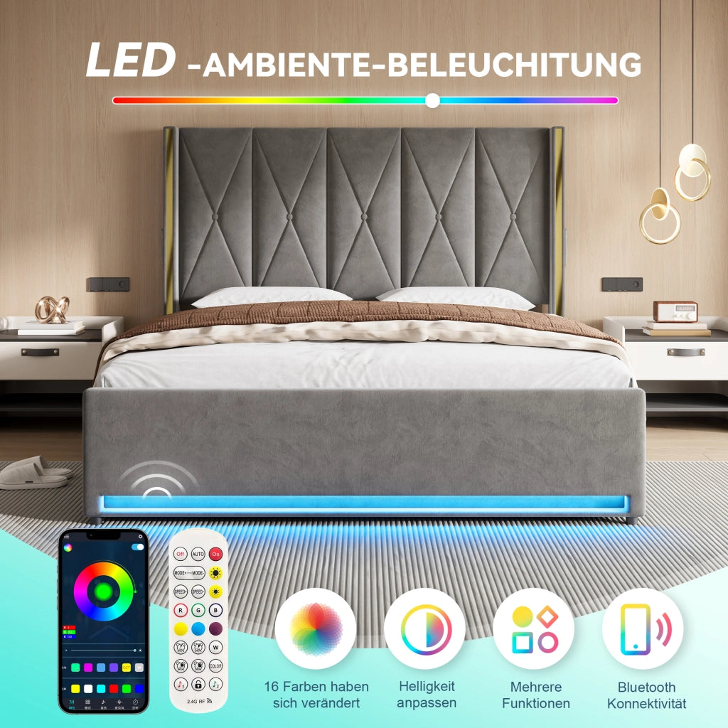 LETTO imbottito 180x200 cm in velluto grigio scuro con testiera alta e LED