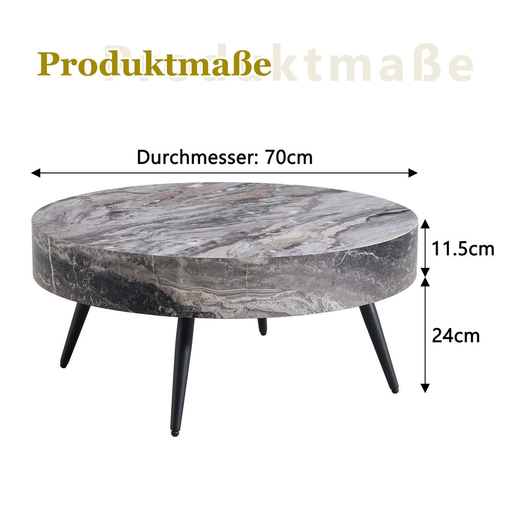 Tavolino da Caff¨¨ Rotondo ¨C MINIMAL ¨C Effetto Marmo Grigio, Gambe in Metallo Nero, ?70 cm