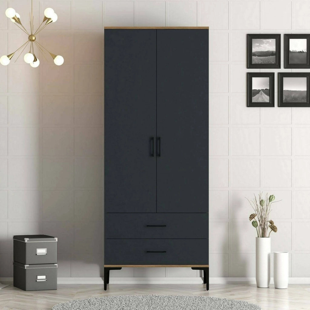 Guardaroba 2 ante Doriana, Mobile camera da letto, Cabina armadio portabiti, Armadio appendiabiti, 80x201h48 cm, Noce e Antracite