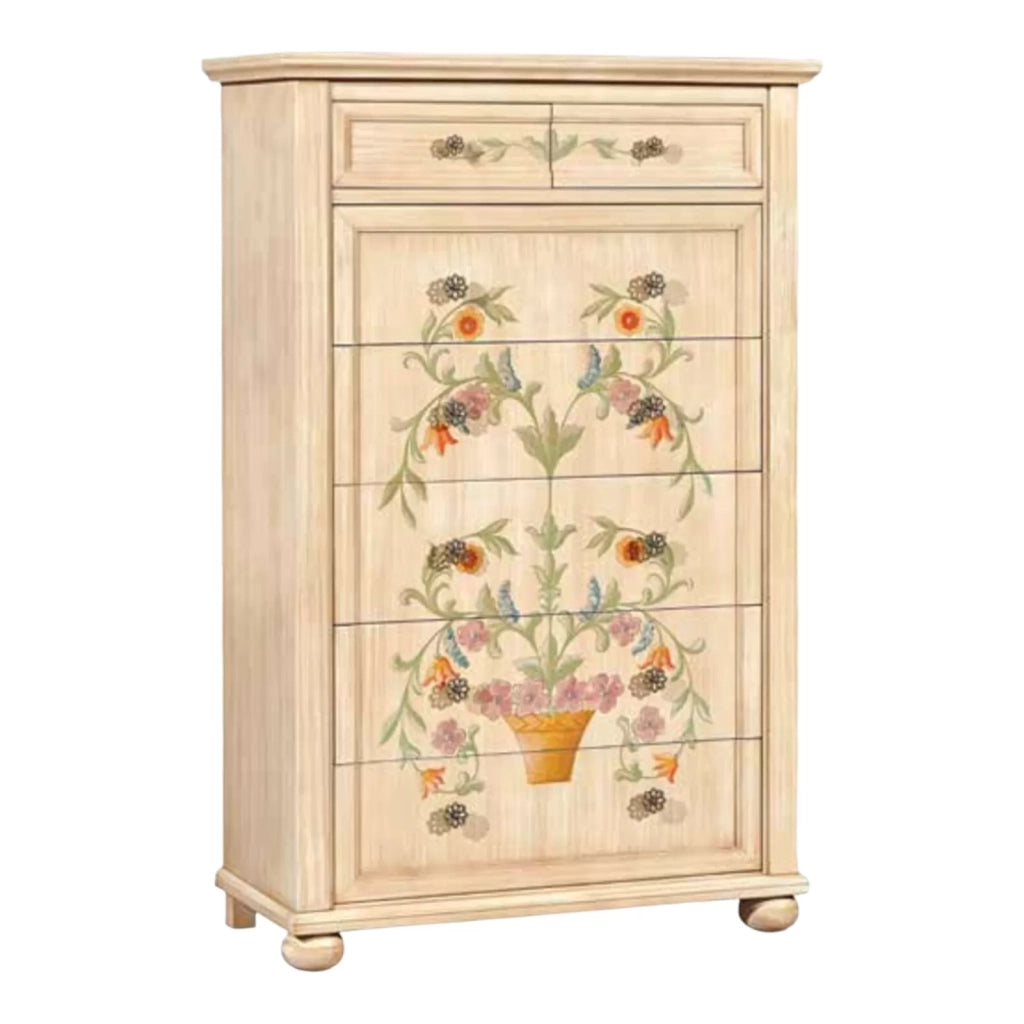 Cassettiera in legno laccato avorio pennellato con decori l.97 p.44 h.152 - Mobili 2G
