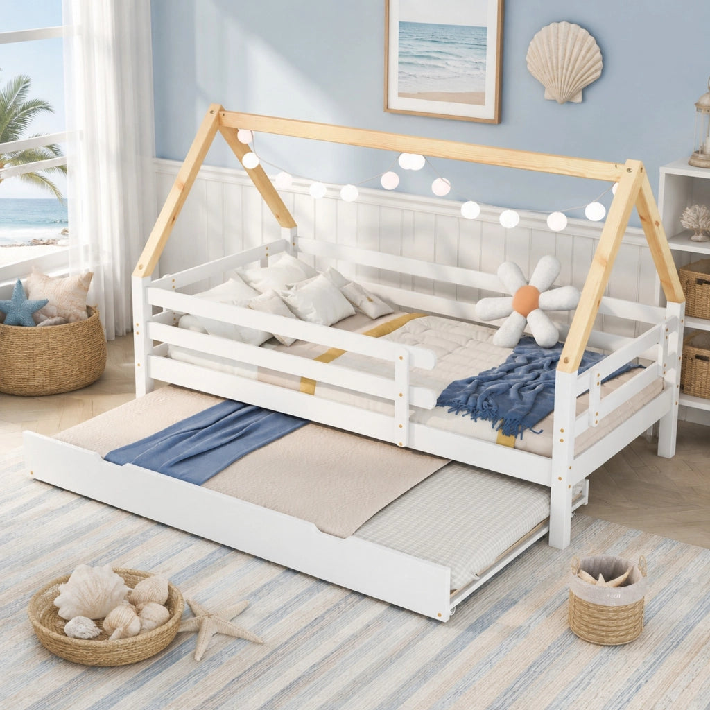 Letto a casetta con letto estraibile, sicuro e salvaspazio per bambini