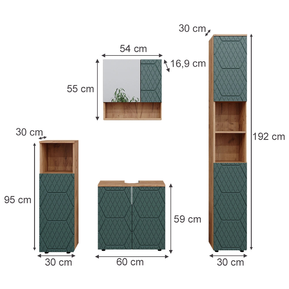 Vicco Set mobili bagno Quercia verde/oro 4 pezzi, con colonna