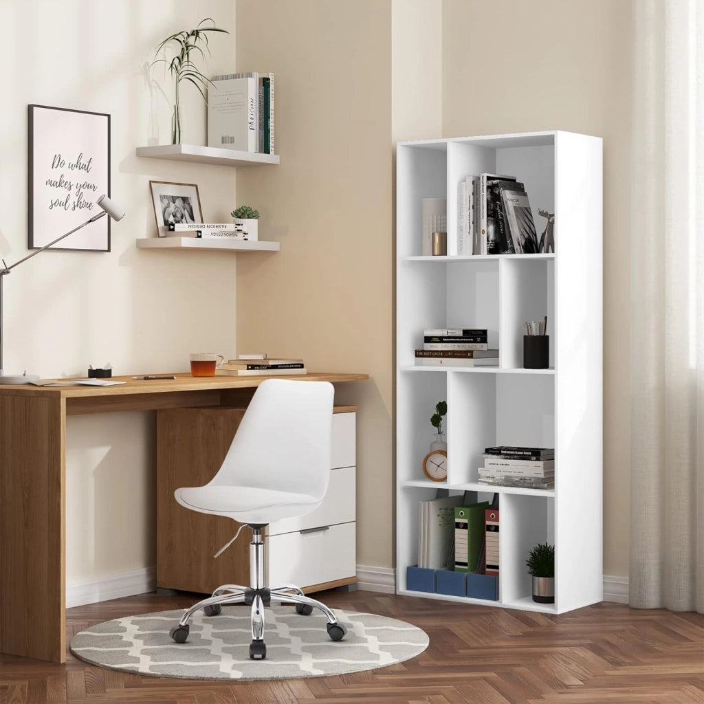 Libreria Scaffale a 4 Ripiani, Libreria a Cubi, Portaoggetti Autoportante, Scaffale Espositivo con 8 Scomparti Aperti, per Salotto Camera da Letto, in Legno Bianco, 60x29x143,5 cm, SK032ws