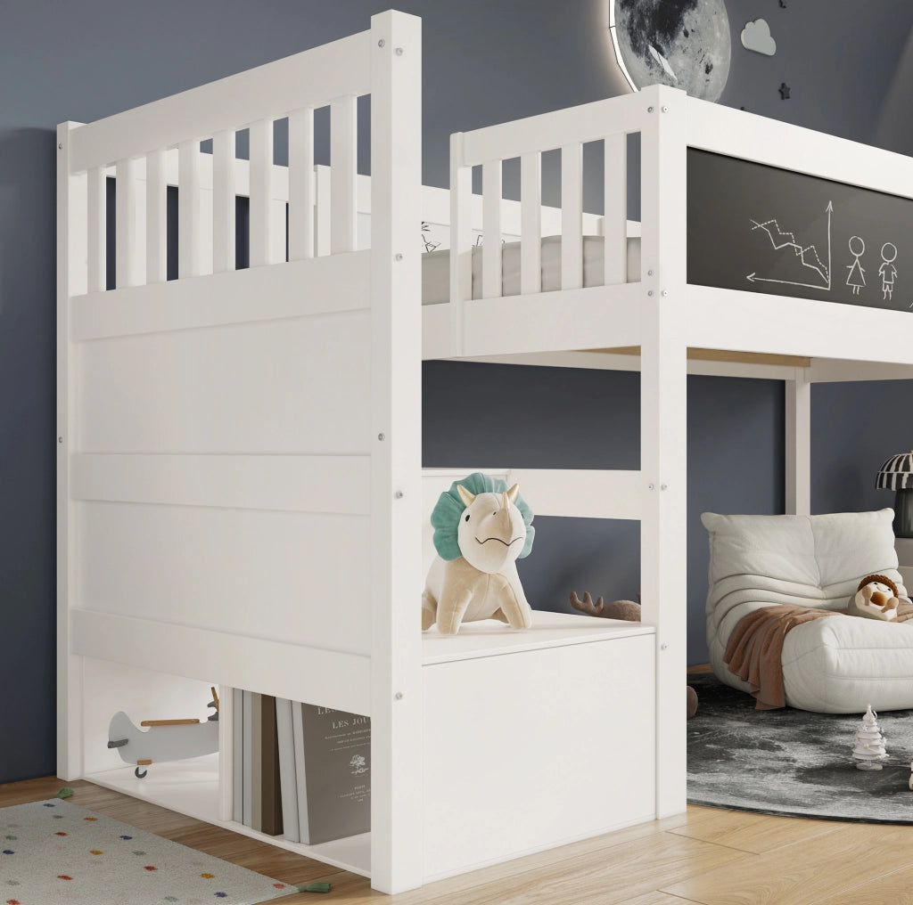 Letto a soppalco per bambini 90x200 cm in MDF e legno massiccio bianco con scala e lavagna