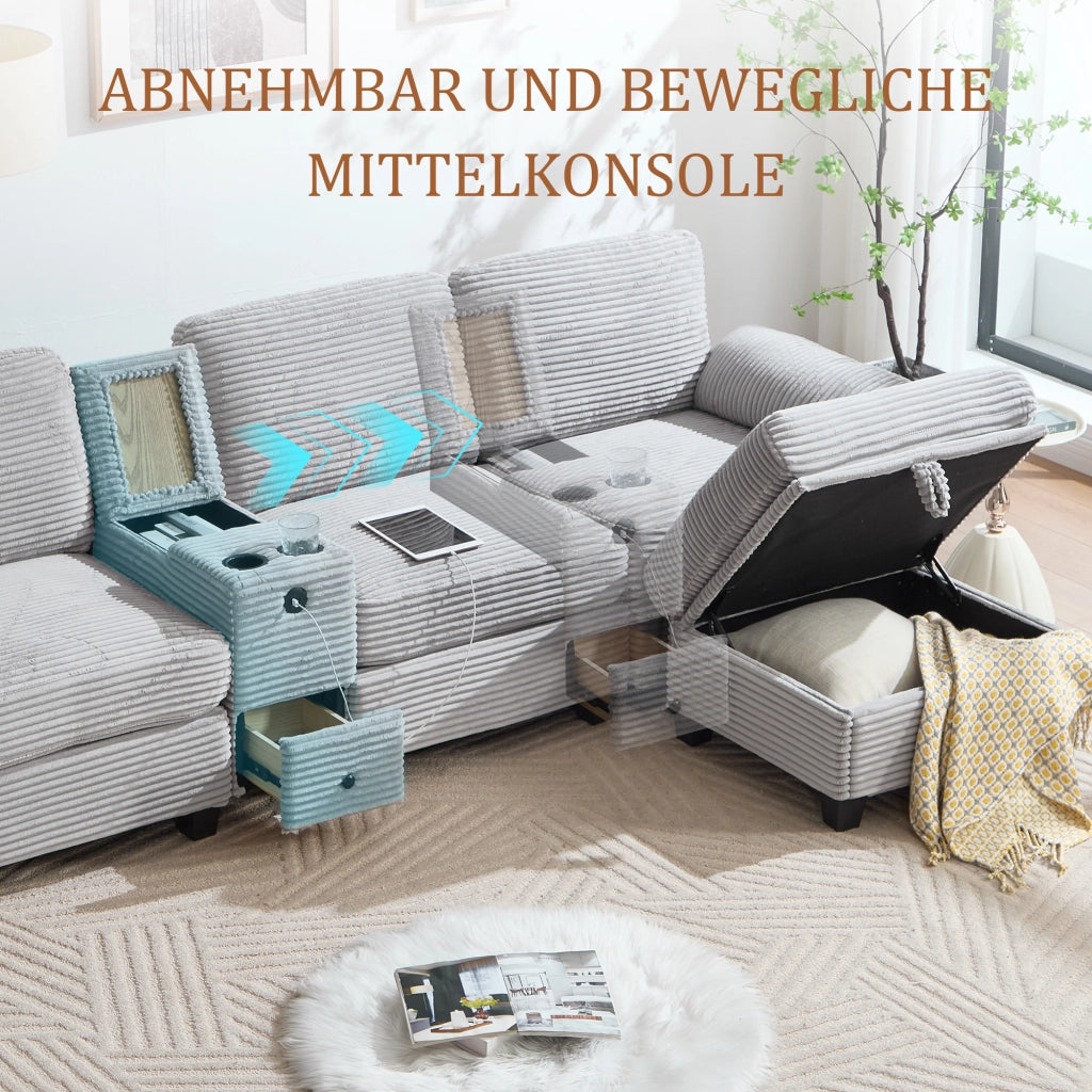 Divano ad angolo in cord con console scorrevole, porta USB-C, tasche laterali e pouf contenitore grigio chiaro
