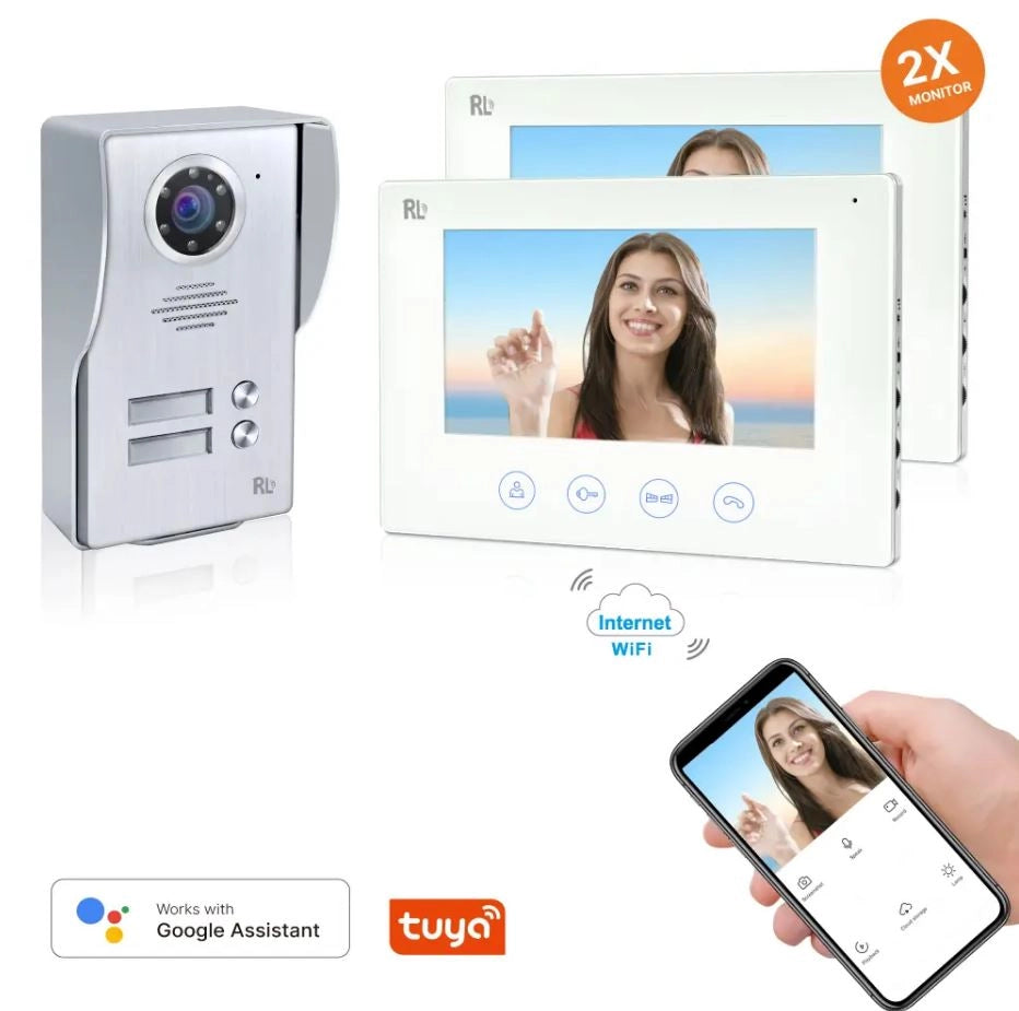 Kit Videocitofono Bifamiliare 2 Monitor 7 Pollici WiFi 2 Bussate Gestibile da app Tuya SmartLife