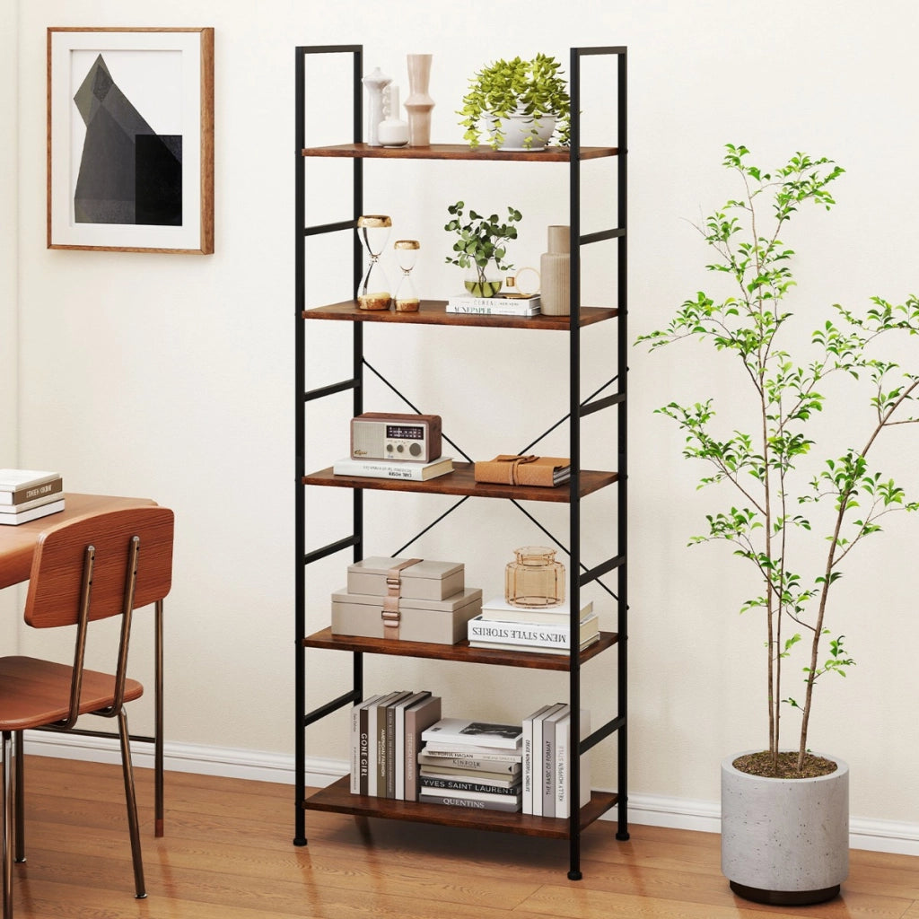 Libreria a 5 ripiani scaffale alto 160cm con mensole industriali e struttura in metallo, Libreria organizzatore moderno rustico-Librerie