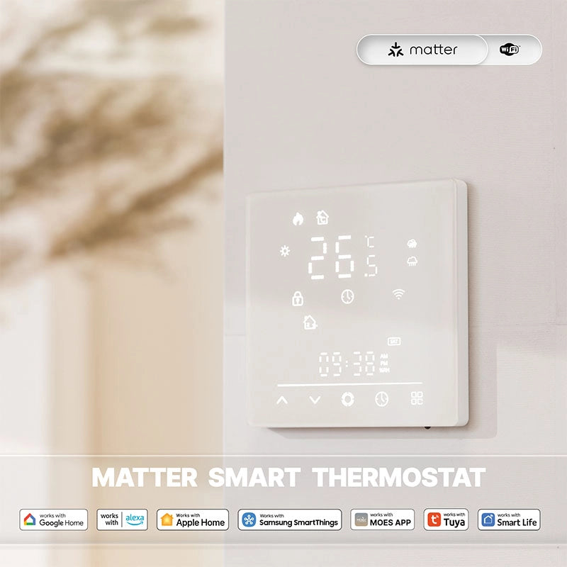 Termostato Matter WIFI 2.4G TUYA, Smart Life, Apple Home, Google Home, Alexa, Samsung SmartThings Riscaldamento Pavimento Con Acqua Bianco 5A 95-240V IP20