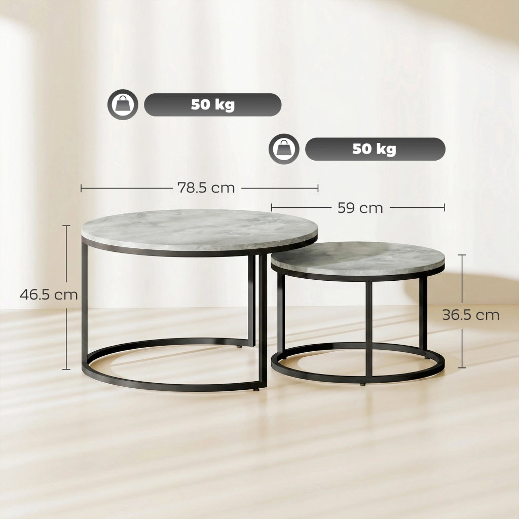 Set 2 Tavolini da Caff¨¨ Rotondi ¨C Xylo ¨C Effetto Marmo Grigio Legno Metallo