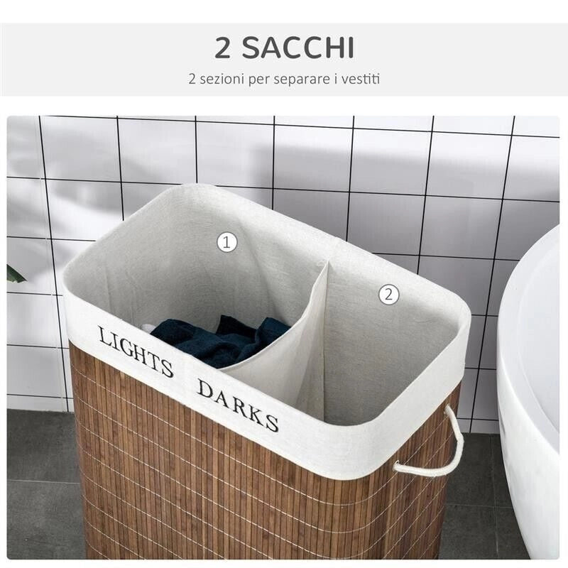 CESTO PER BIANCHERIA IN BAMBÙ DA 100 LT CON 2 SCOMPARTI + COPERCHIO E MANIGLIE COLOR MARRONE