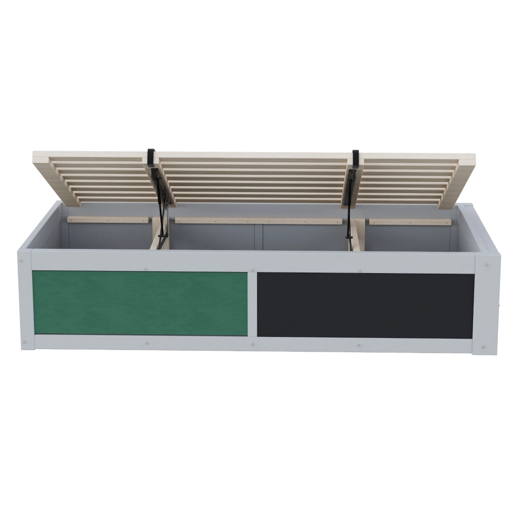 Letto per bambini 90x200 cm con contenitore idraulico; lavagna e spazio libri in legno grigio