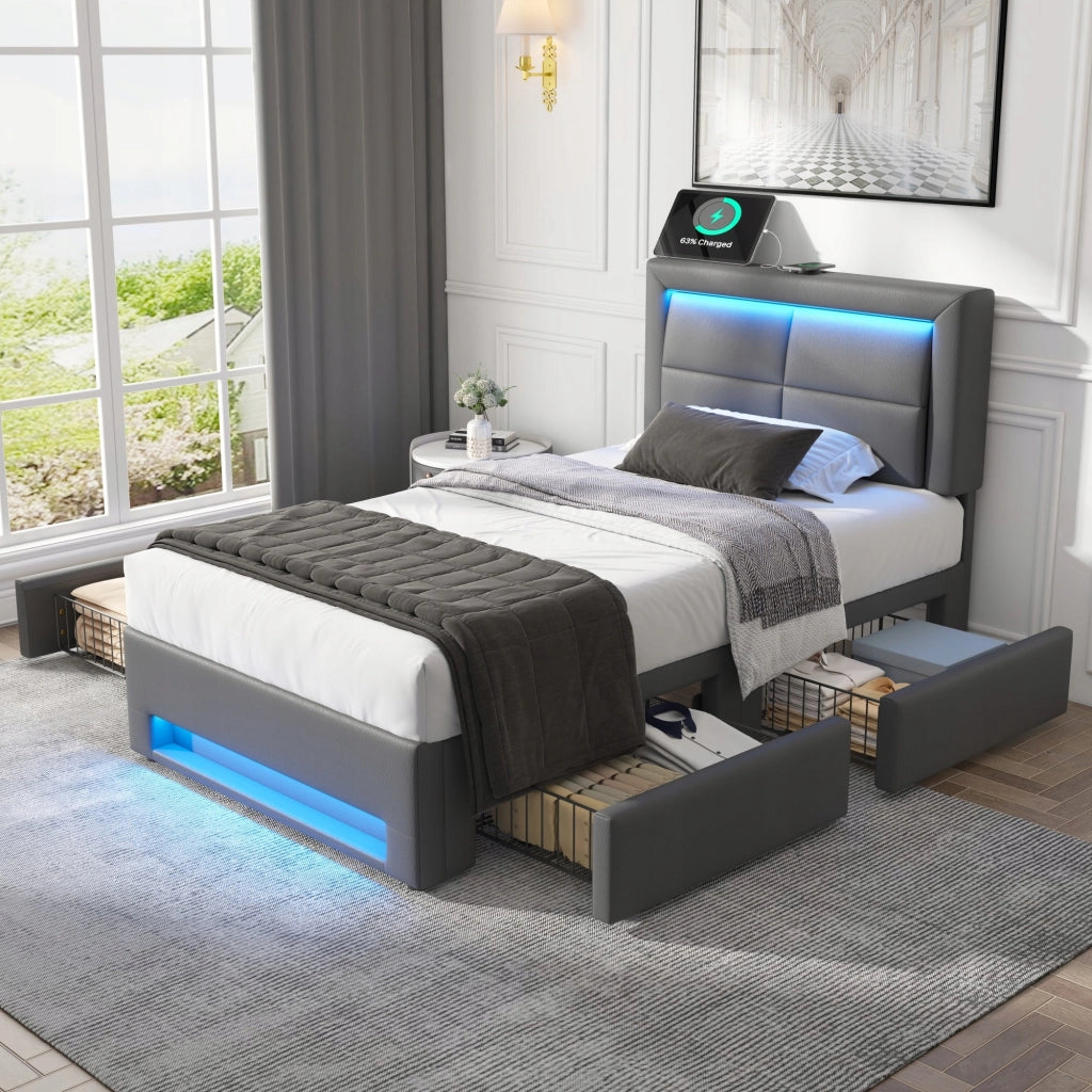 Letto singolo 90x200cm - Xylo - LED, Pelle Ecologica, Nero