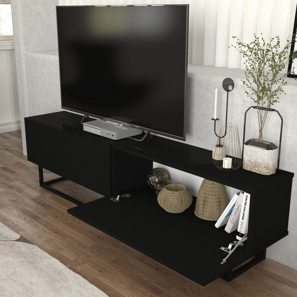 Mobile Porta TV Nolven a 2 Ante Ribalta e Telaio in Metallo 180x32x47 cm - Nero [en.casa]