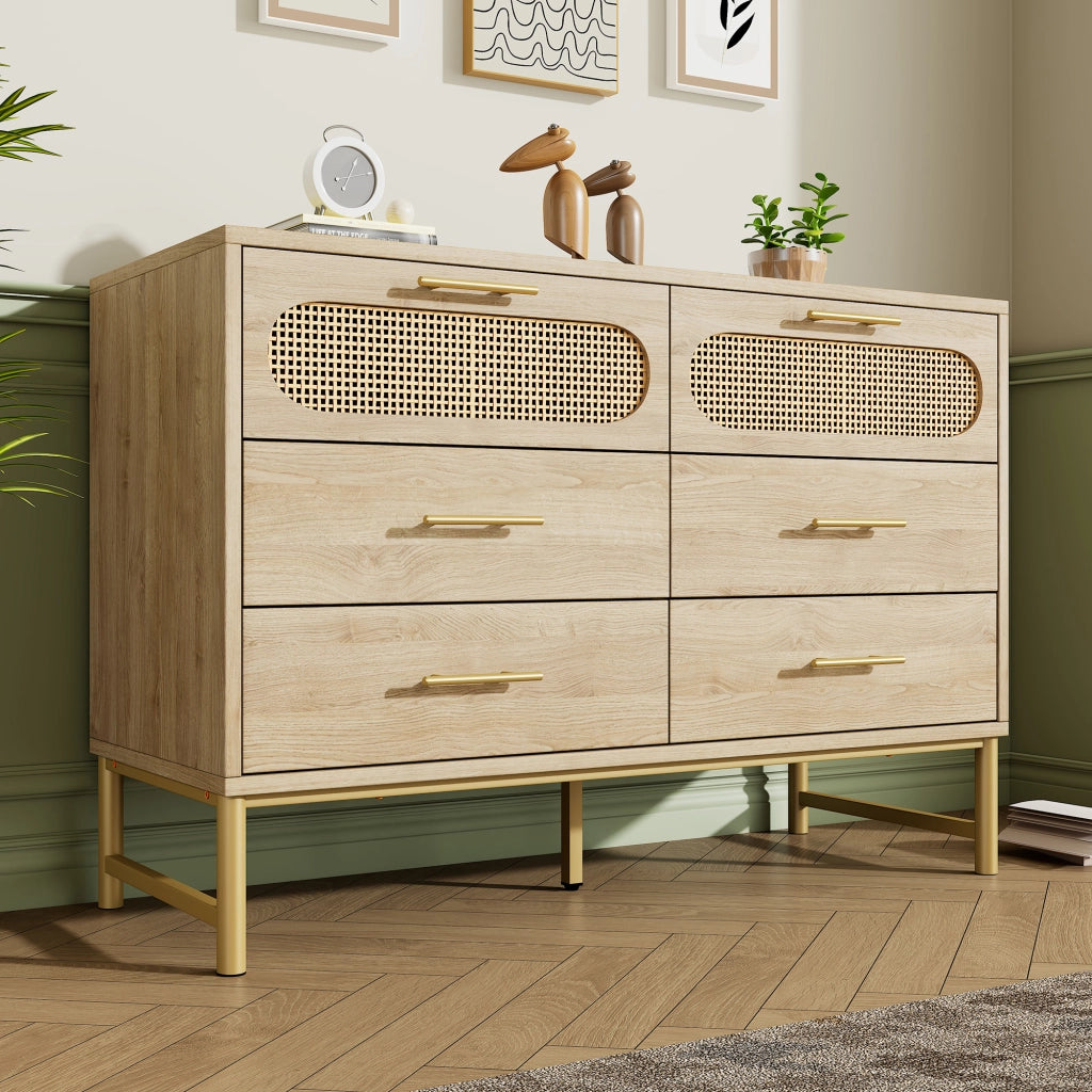 Cassettiera con 6 Cassetti; Frontali Effetto Rattan; Maniglie in Metallo; Piedini Regolabili; Stile Naturale; 120??40??74 cm; Rovere
