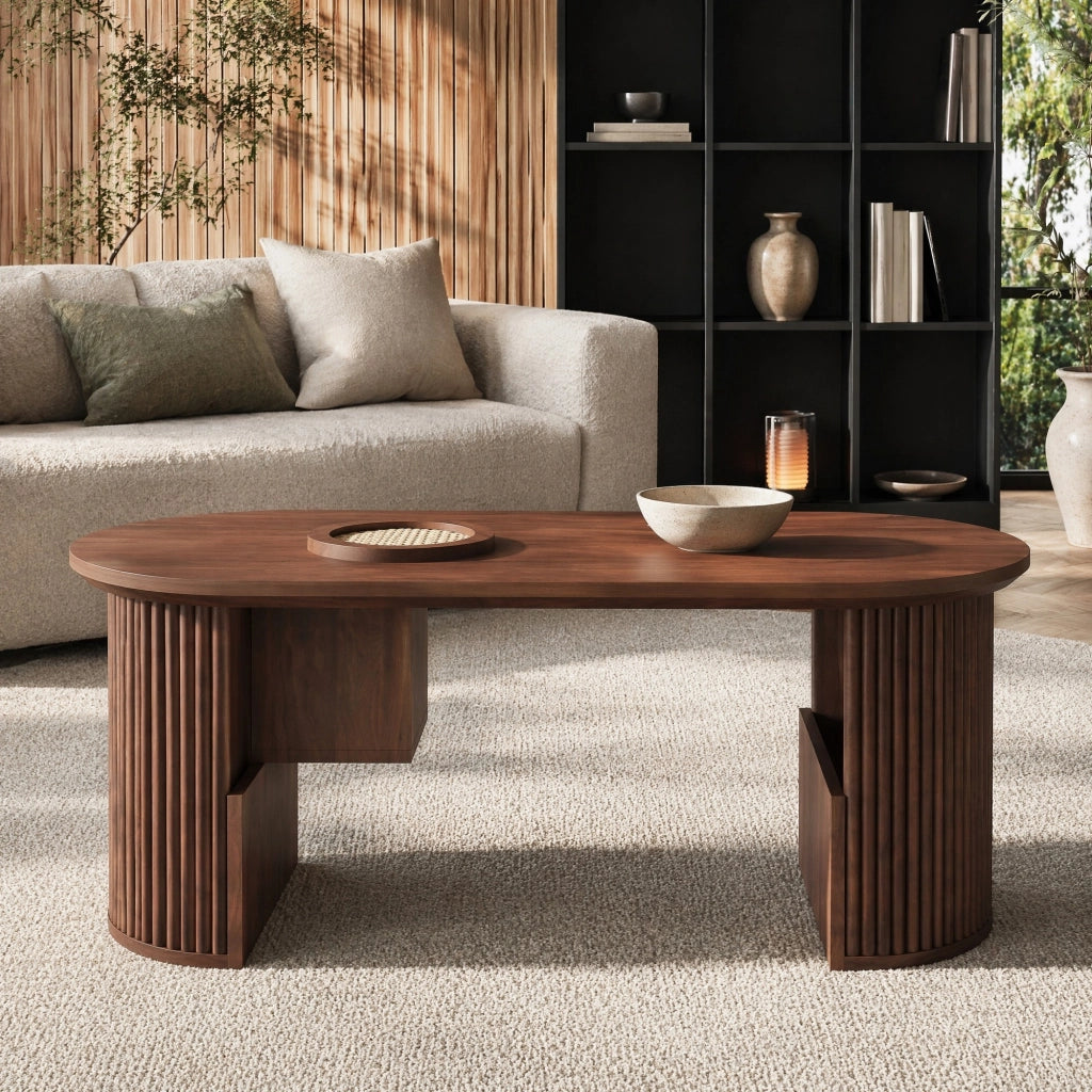 Tavolino da caffè ovale in MDF 105x50x46;5 cm; effetto noce