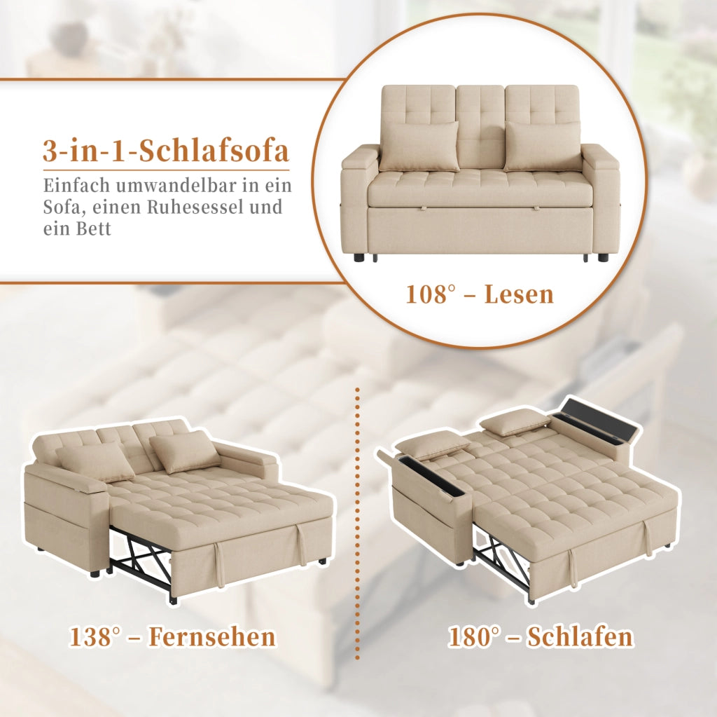 Divano letto 2 posti estraibile con schienale regolabile e vani portaoggetti; beige
