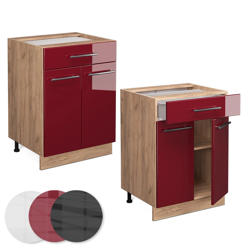 Vicco Mobiletto base per cucina Rosso bordeaux lucido 60 cm con cassetto, senza piano di lavoro