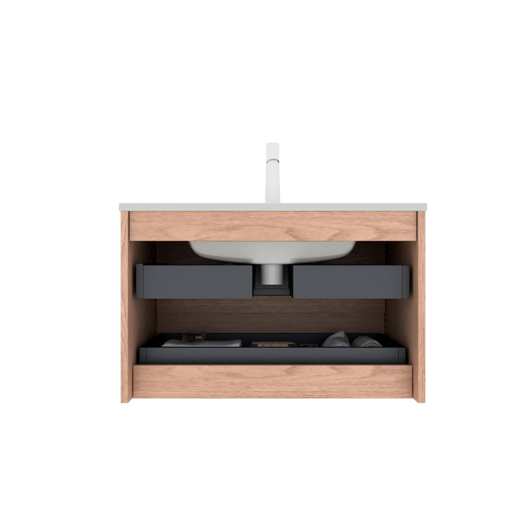 Mobile bagno con lavabo in ceramica e 2 cassetti per bagno; in compensato; bianco e noce; 81×46.5×51.5 cm