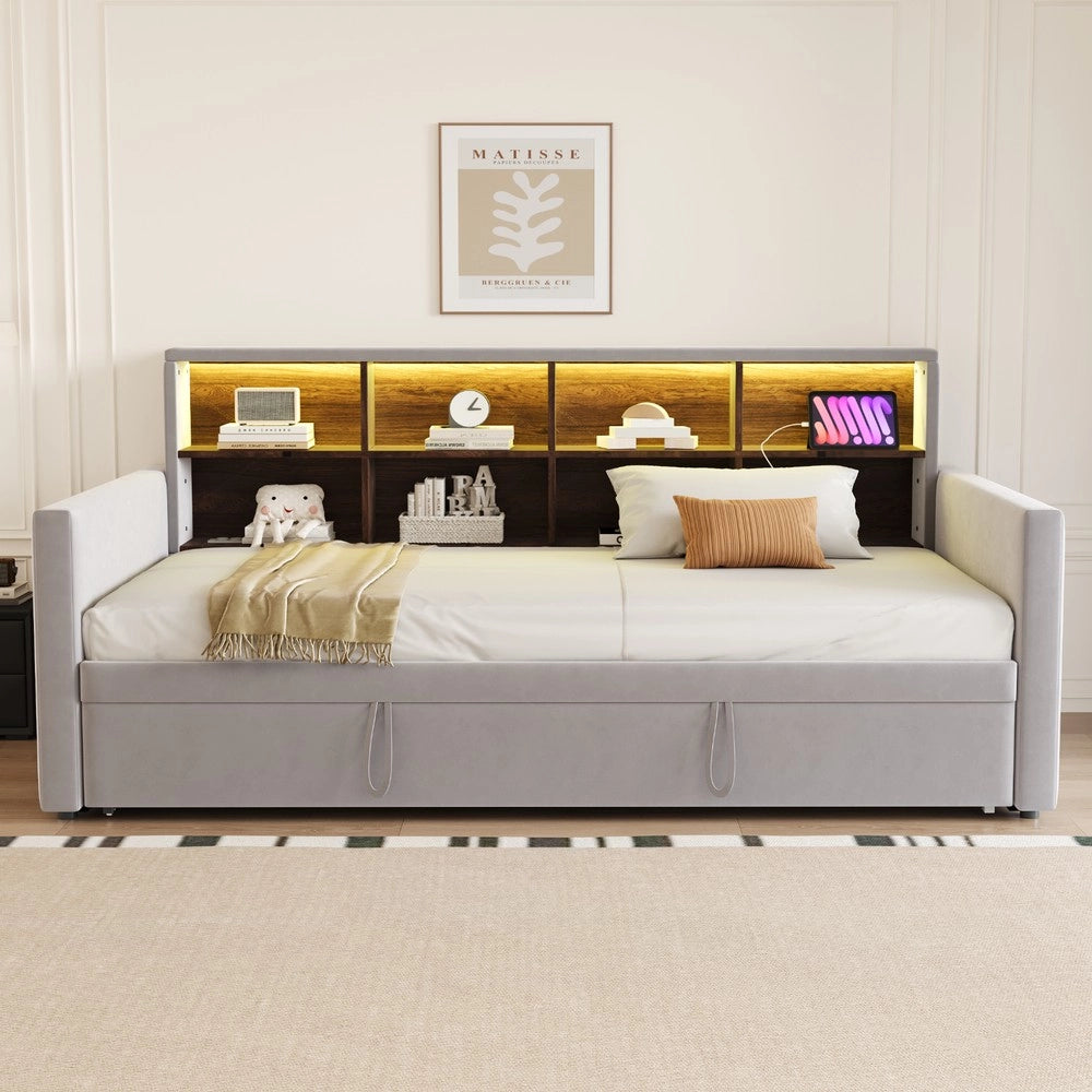 Letto Imbottito con Letto Estraibile, LED e Vani ¨C MINIMAL ¨C Velluto Grigio 90x190