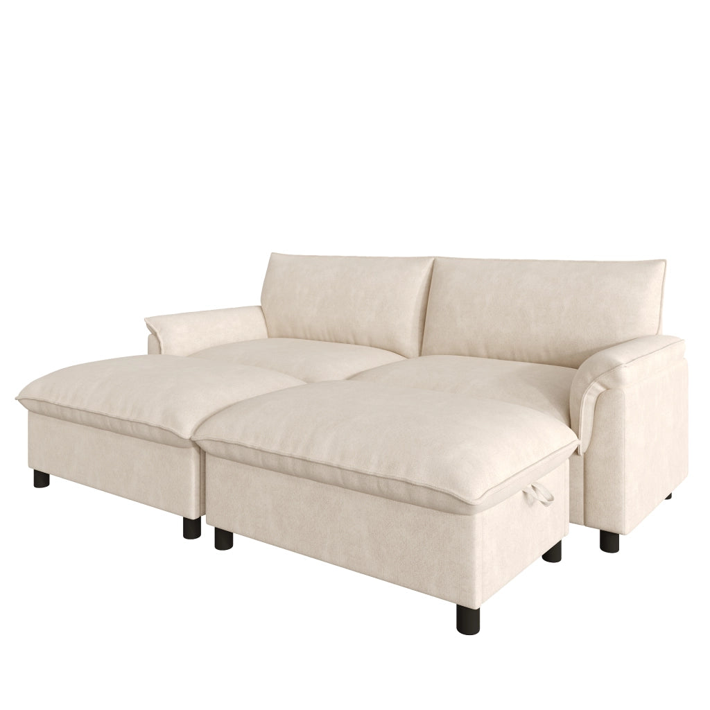 Divano modulare con seduta profonda e 2 poggiapiedi mobili, schienale alto, in chenille beige 216 × 77 × 82 cm