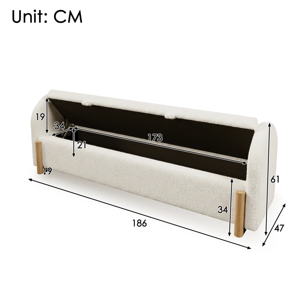 Panca contenitore 186 × 47 × 61 cm con vano idraulico e soft-close, senza materasso, in chenille bouclé, bianco