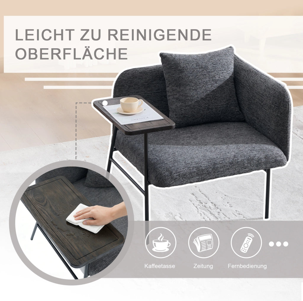 Poltrona relax in ciniglia grigio scuro con tavolino e tasche
