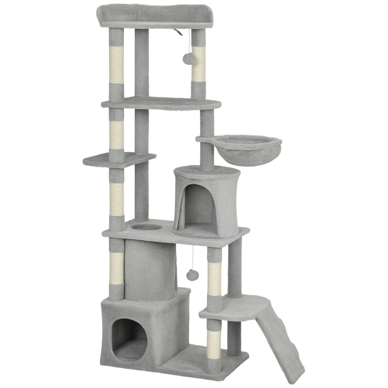 Albero tiragraffi per gatti 170 cm con tunnel, cucce, amaca e base ampia, grigio chiaro