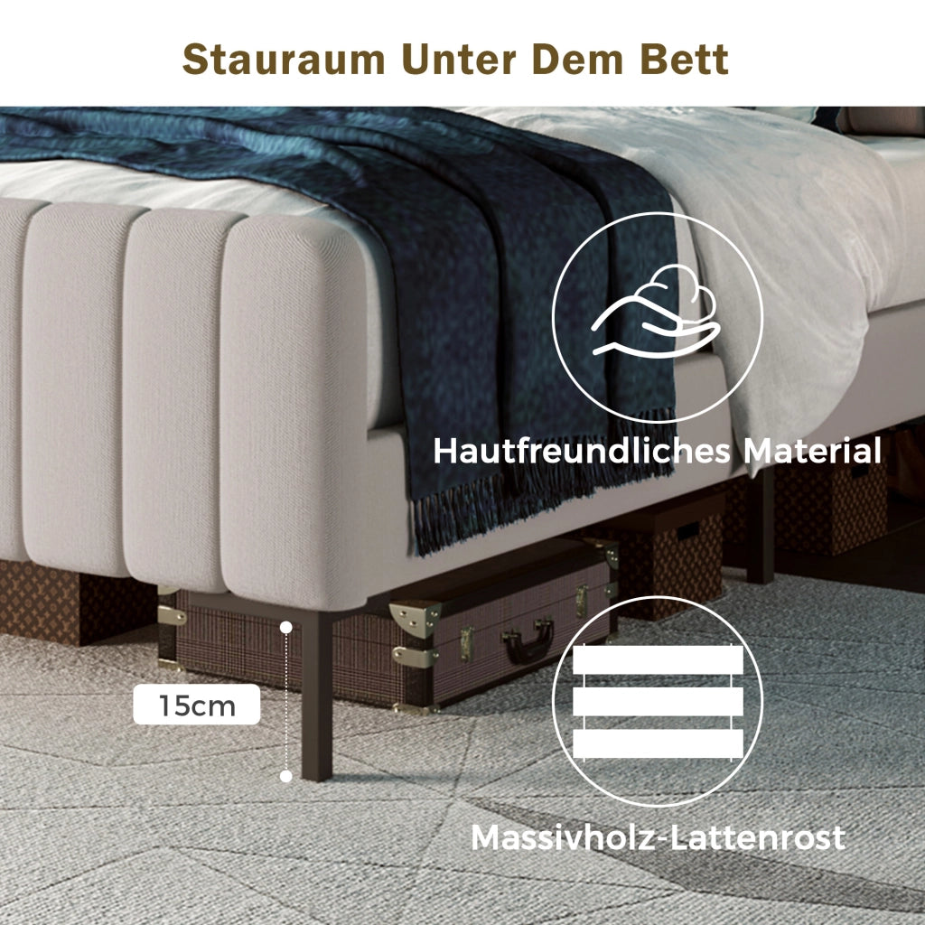 LETTO Singolo 90x200 cm in lino grigio-beige con testiera regolabile e rete a doghe