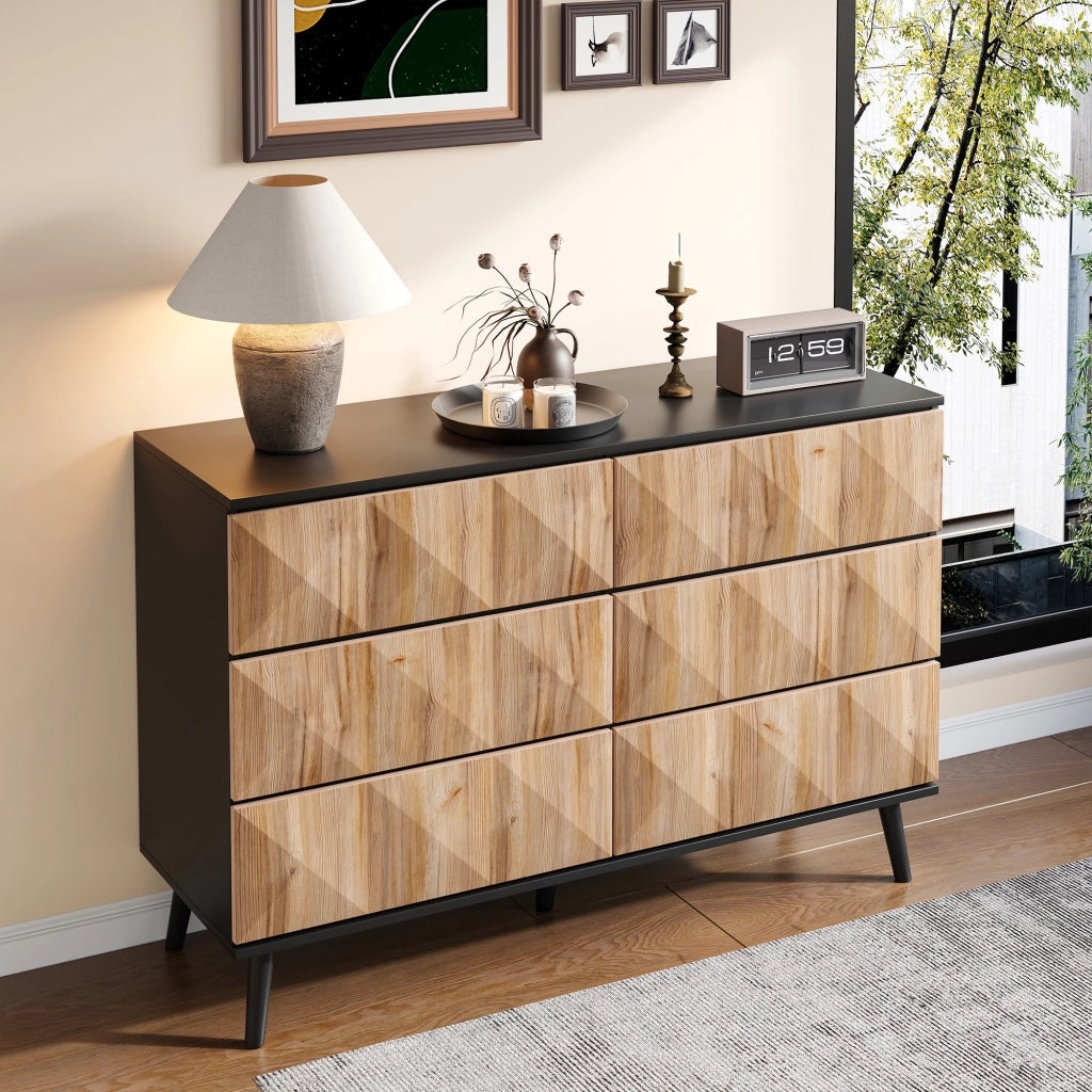 Credenza con 6 Cassetti; Frontali in Rilievo e Maniglie a Scomparsa; Stile Moderno; in MDF; Nero e Naturale; 120??40??85 cm
