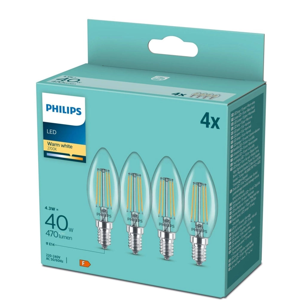 Philips Lampadina LED Candela B35 E14 Filamento 4W 470 lm 2700K Bianco Caldo Trasparente Confezione 4 Pezzi