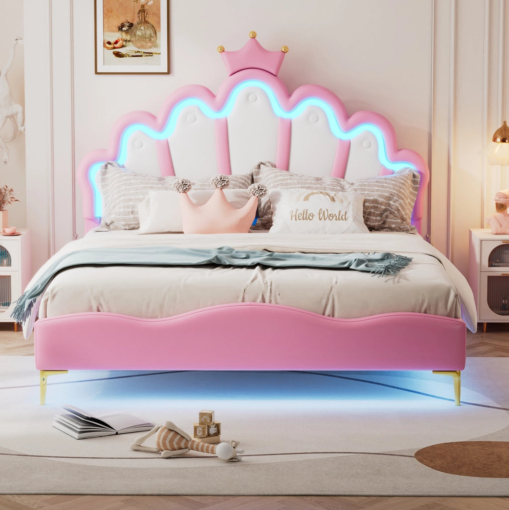 Letto doppio con testiera a corona e illuminazione LED rosa