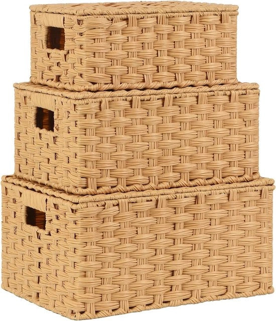 Set di ceste di paglia con coperchi da 3 - Giallo