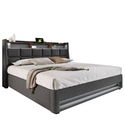 Letti contenitori 160x200 cm; LED e USB; lino grigio (Senza materasso)