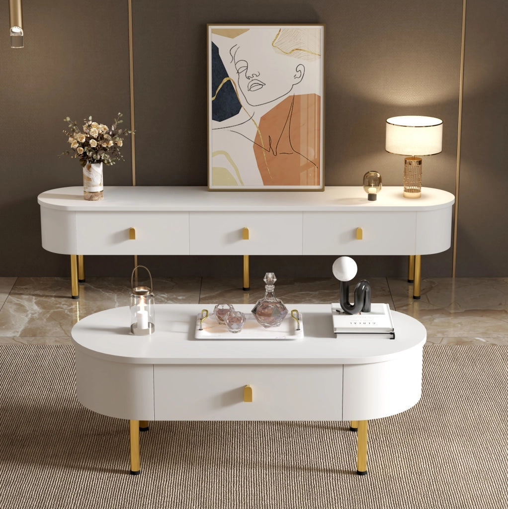 Combinazione tavolino da caffè e mobile TV con cassetti; in MDF bianco e oro